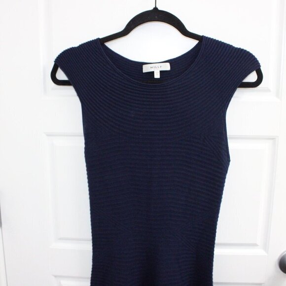 Milly Navy Blue Sleeveless Sweater Ribbed Midi Dress Size Medium Fit & Flare - Picture 3 of 8